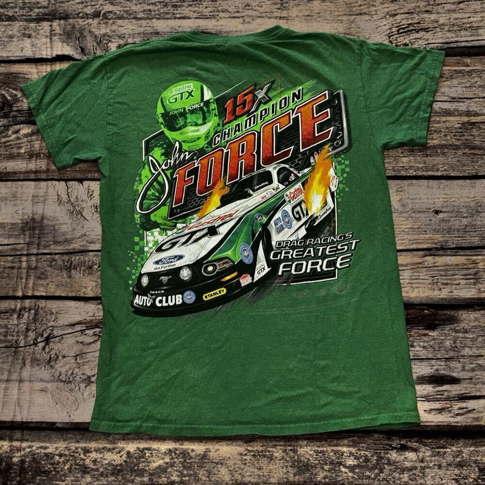 NASCAR T-Shirt Mens Small Green John Force 15X Champion Double Sided Drag Racing
